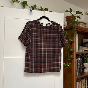 Silky plaid top in navy/brown